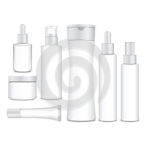 Realistic cosmetic white vector bottles. Vector containers, tubes, sashet for cream, balsam, lotion, gel, shampoo