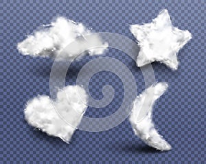 Realistic cotton wool, clouds or wadding balls set