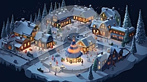 Realistic cozy small Christmas town by night isometric or birds eye view