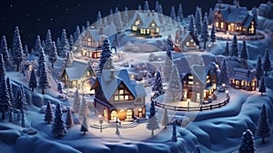 Realistic cozy small Christmas town by night isometric or birds eye view