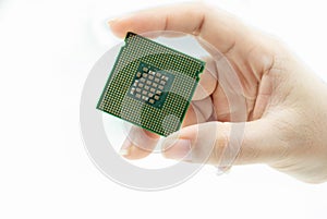 Realistic cpu back view processor chip in hand