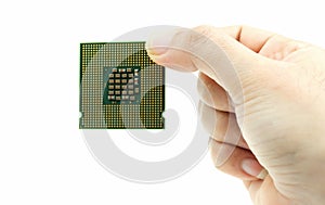 Realistic cpu back view processor chip in hand