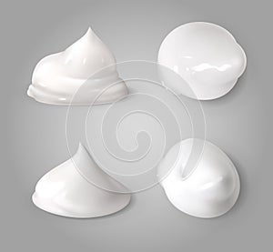 Realistic cream foam. White mousse or foaming milk gel drops light ointment beauty product vector texture forms