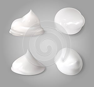 Realistic cream foam. White mousse or foaming milk gel drops light ointment beauty product vector texture forms photo