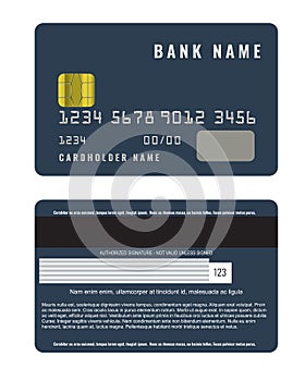 Realistic credit card with a chip front and back side view mock up.