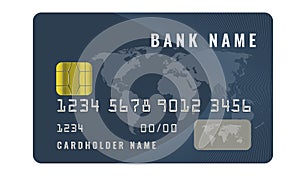 Realistic credit card design template with a chip frontside view mock up. Dark blue color.