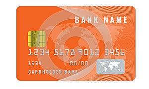 Realistic credit card design template with a chip frontside view mock up. Orange color.