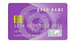 Realistic credit card design template with a chip frontside view mock up. Purple color.