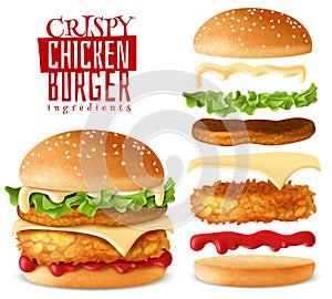 Realistic crispy chicken burger elements set