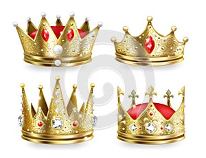 Realistic crowns. Kings and queens golden royal headdress, 3D medieval emperor luxury collection. Vector isolated golden