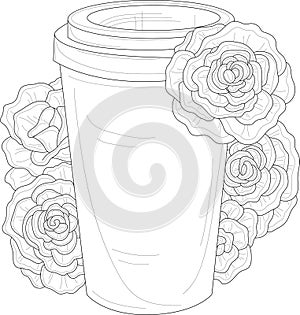 Realistic cup of coffee or tea with roses sketch template. Cartoon vector illustration in black and white