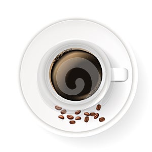 Realistic cup on saucer with coffee beans. Top view.