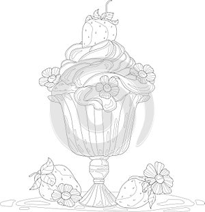 Realistic cupcake with cream, flowers and strawberry in a glass graphic sketch template.