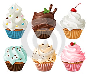 Realistic cupcakes. Sweet creamy desserts muffins with cherry and chocolate, delicious confectionery and baking