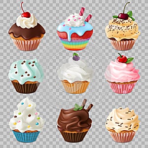 Realistic cupcakes. Sweet homemade dessert with pink and white icing in paper cups 3d object vector set