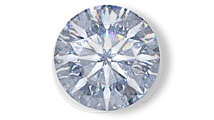 Realistic cut diamond in top view with caustic. 3D rendering illustration of round brilliant isolated on white