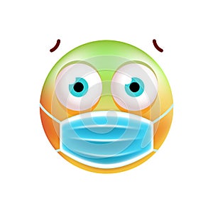 Realistic Cute Emoticon with Face Mask on White Background