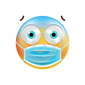 Realistic Cute Emoticon with Face Mask on White Background