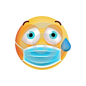 Realistic Cute Emoticon with Face Mask on White Background