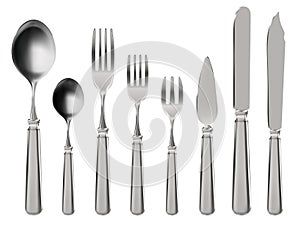 Realistic cutlery. Stainless steel tableware, knife, spoon and forks. Restaurant or home kitchen 3d silverware vector