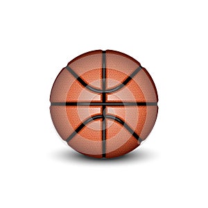 Realistic 3d basketball ball with shadow at the bottom isolated on white background front view, vector object basketball sports