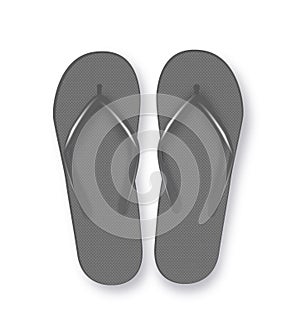 Realistic 3d black Blank Empty Flip Flop Closeup Isolated on White Background. Design Template of Summer Beach Flip