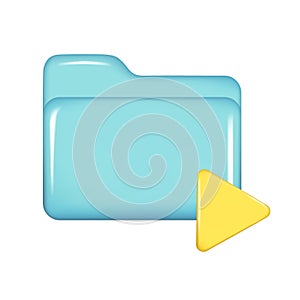 Realistic 3d blue folder with yellow play button. Decorative 3d management, file element, web symbol, paper icon, archive sign.