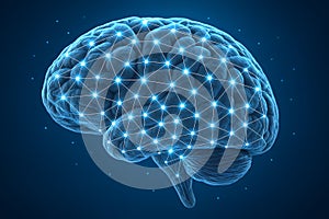 Realistic 3D brain with glowing blue neural network connections, representing AI, futuristic technology, cognition, and advanced photo