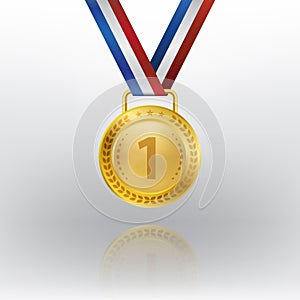 Realistic 3d Champion Gold medal with red ribbon