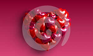 Realistic 3D Colorful Romantic Valentine Hearts in Red Background. 3d rendering