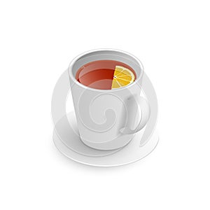 Realistic 3d cup of hot aromatic freshly brewed drink black tea with lemon, saucer. A teacup isometric view isolated on white