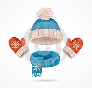 Realistic 3d Detailed Hat, Scarf and Mittens Set. Vector