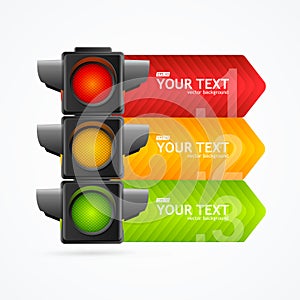 Realistic 3d Detailed Road Traffic Light Banner Card. Vector photo