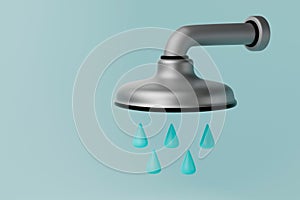 Realistic 3d detailed shower head with water drops on blue background close-up