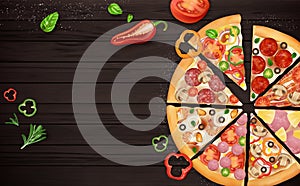 Realistic 3d Detailed Slice of Pizza with Different Type Ingredients on Wooden Background Card. Vector photo