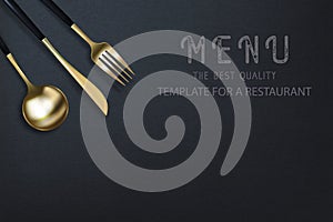 Realistic 3D golden fork, knife and spoon on a black grunge background. Fashionable modern poster for a restaurant. Top