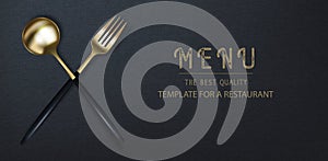 Realistic 3D golden fork and spoon on a black grunge background. Fashionable modern poster for a restaurant. Top view