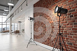 Realistic 3D brick wall with projectors in studio interior