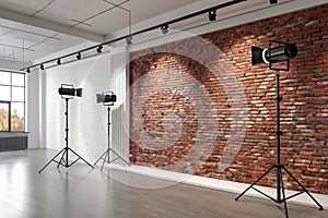 Realistic 3D brick wall with projectors in studio interior