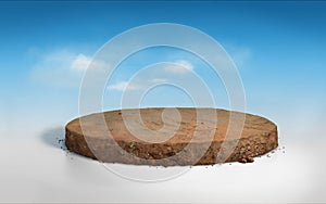 3D rendering round cutaway terrain floor with rock isolated on blue sky