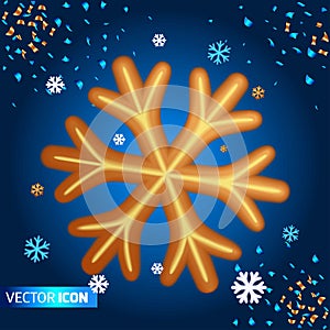 Realistic 3D Isometric illustration. Large golden snowflake on a dark blue background. Bright illustration for New Year