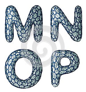 Realistic 3D letter set M, N, O, P made of silver shining metal . photo