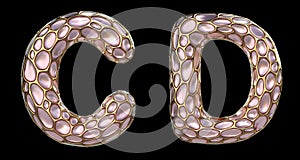 Realistic 3D letters set C, D made of gold shining metal letters. photo
