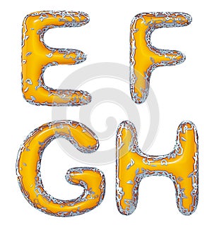 Realistic 3D letters set E, F, G, H made of gold shining metal letters. photo