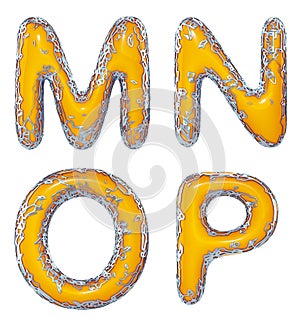 Realistic 3D letters set M, N, O,P made of gold shining metal letters. photo