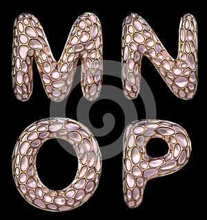 Realistic 3D letters set M, N, O, P made of gold shining metal letters. photo