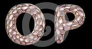 Realistic 3D letters set O, P made of gold shining metal letters. photo