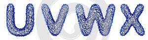 Realistic 3D letters set U, V, W, X made of blue plastic. photo