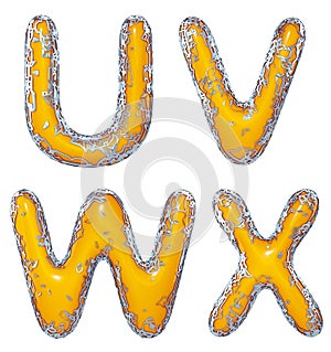 Realistic 3D letters set U, V, W, X made of gold shining metal letters. photo