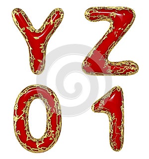 Realistic 3D letters set Y, Z, 0, 1 made of gold shining metal letters. photo